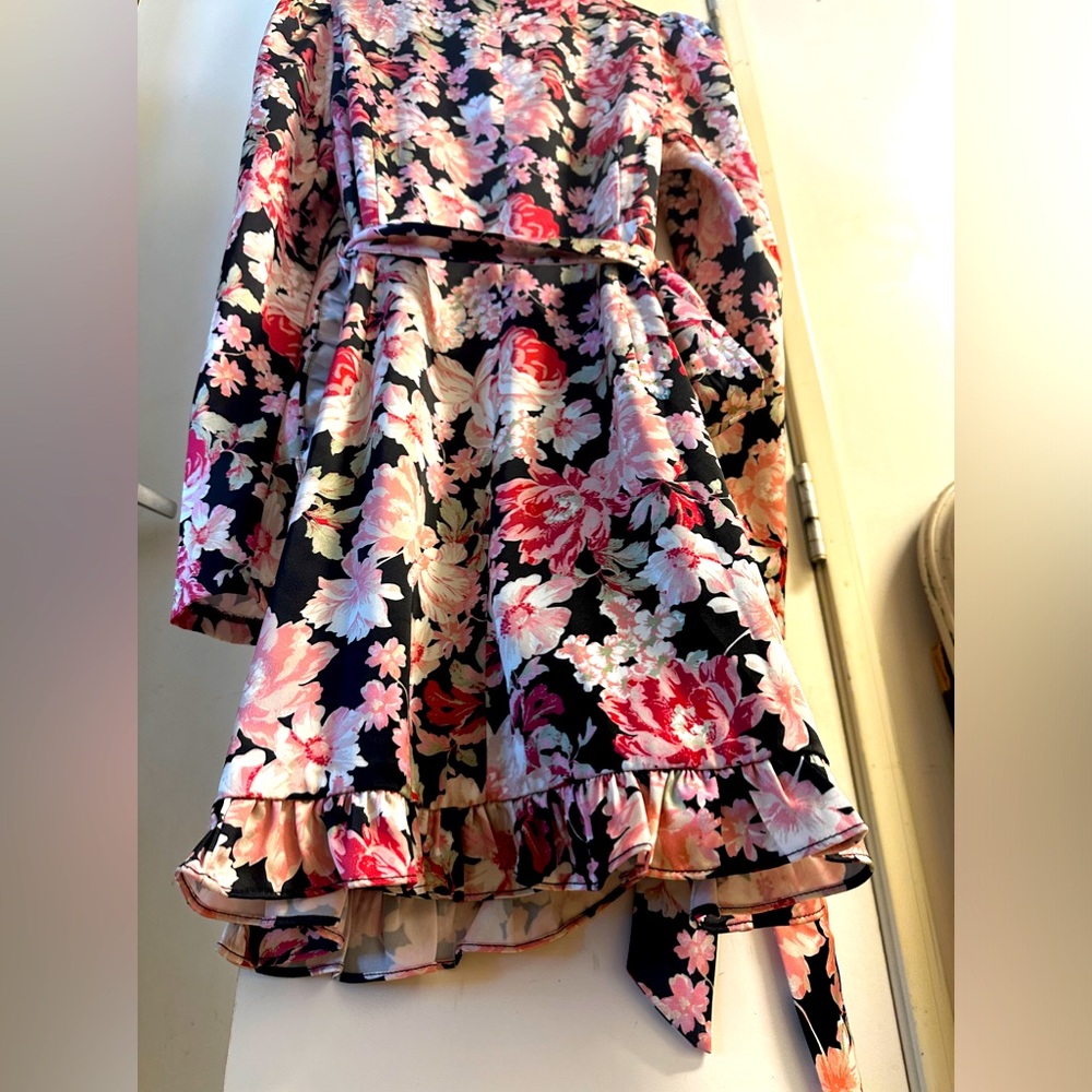 Bardot Wrap Floral Roses Camellia print Mini Dress with tie sash on waist